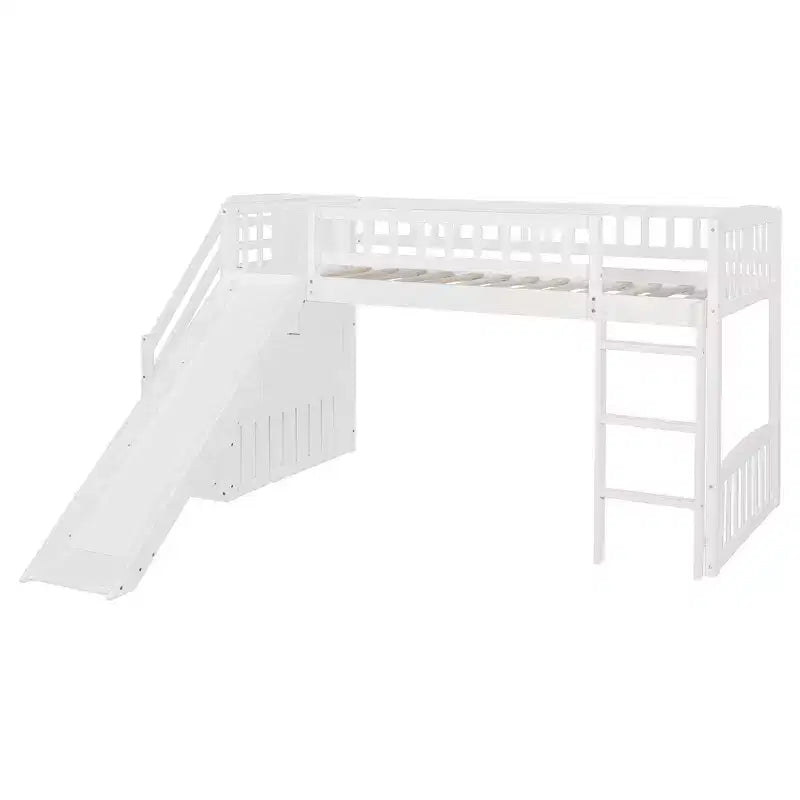 Marco de cama alta tipo loft con escalera y tobogán, de madera, tamaño individual, con cajones
