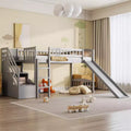 Twin Size Stairway Loft Bed Frame with Slide, Wood Kids Low Loft Bed Frame with Drawers