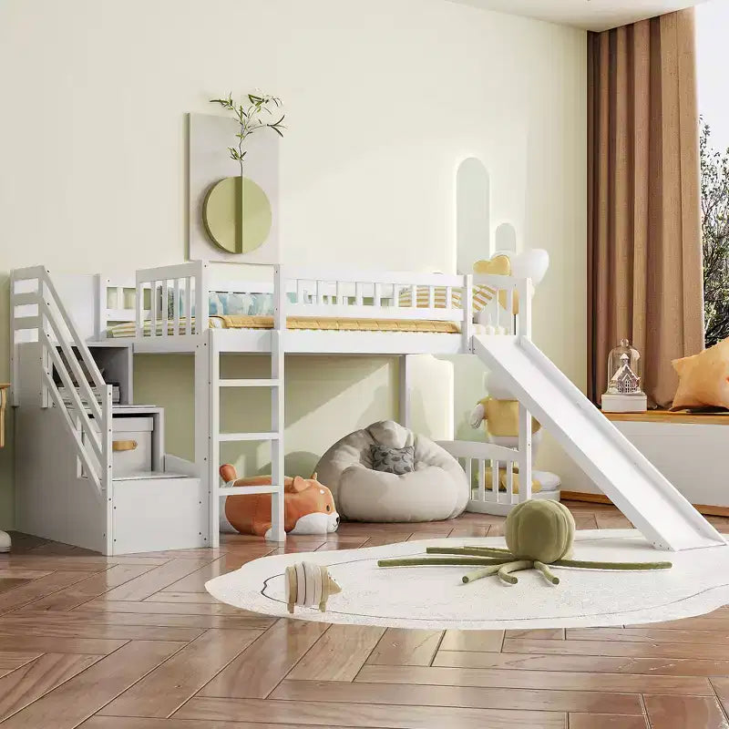 Marco de cama alta tipo loft con escalera y tobogán, de madera, tamaño individual, con cajones