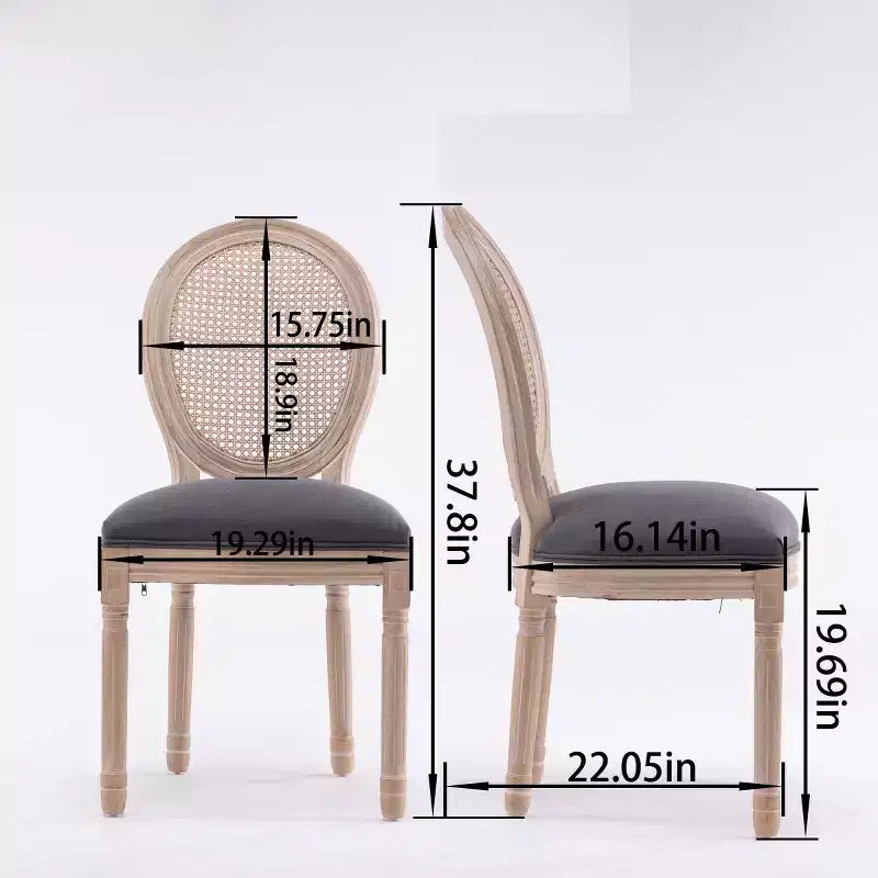 Juego de 2 sillas de comedor tapizadas rústicas francesas con respaldo de ratán, sillas de cocina sin brazos de madera maciza estilo casa de campo