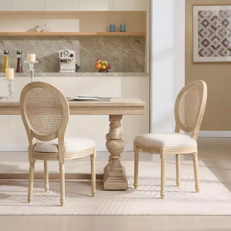 Juego de 2 sillas de comedor tapizadas rústicas francesas con respaldo de ratán, sillas de cocina sin brazos de madera maciza estilo casa de campo