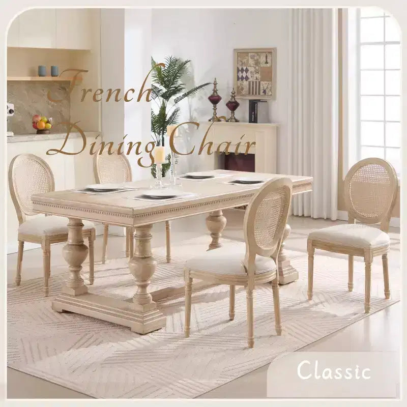 Juego de 2 sillas de comedor tapizadas rústicas francesas con respaldo de ratán, sillas de cocina sin brazos de madera maciza estilo casa de campo