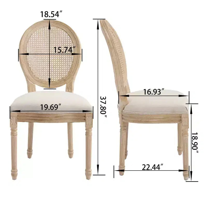 Juego de 2 sillas de comedor tapizadas rústicas francesas con respaldo de ratán, sillas de cocina sin brazos de madera maciza estilo casa de campo