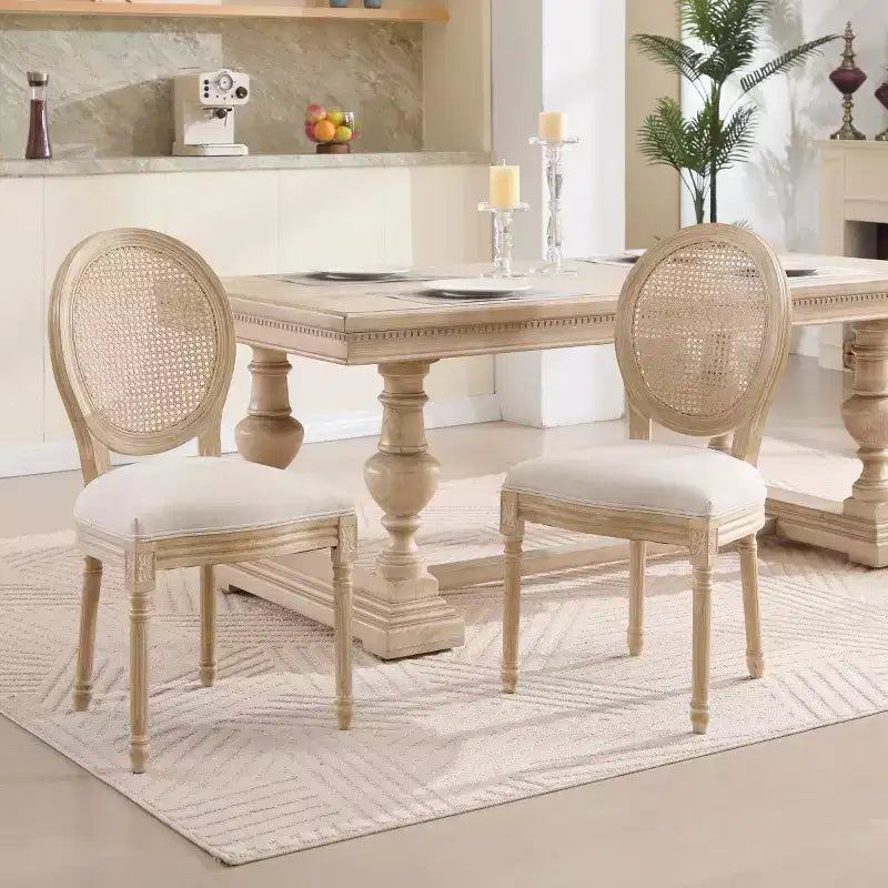 Set of 2 French Rustic Upholstered Dining Chairs with Rattan Back, Farmhouse Solid Wood Armless Kitchen Chairs for Dining Room-Panipeachy