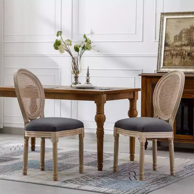 Juego de 2 sillas de comedor tapizadas rústicas francesas con respaldo de ratán, sillas de cocina sin brazos de madera maciza estilo casa de campo