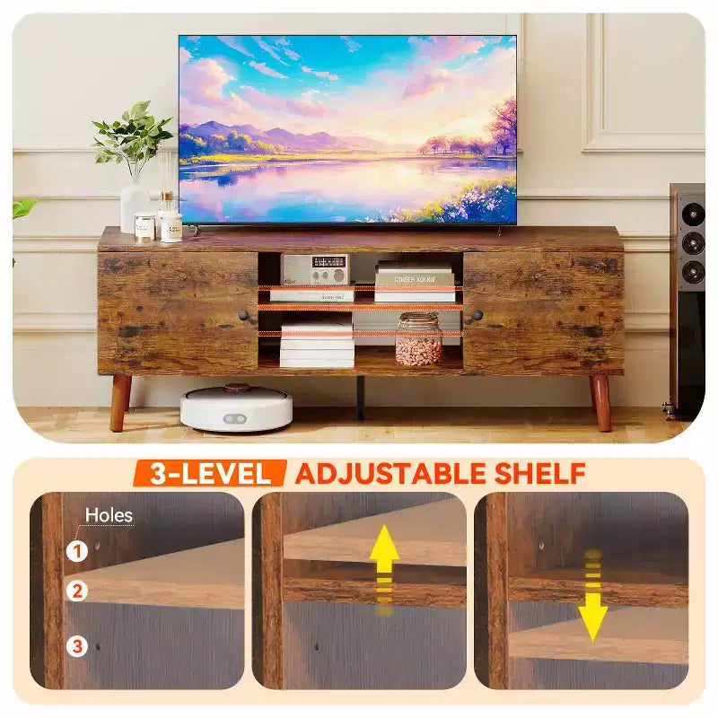 Mueble para TV de 55-60 pulgadas, centro de entretenimiento con 2 gabinetes de almacenamiento y estantes abiertos, consola multimedia moderna