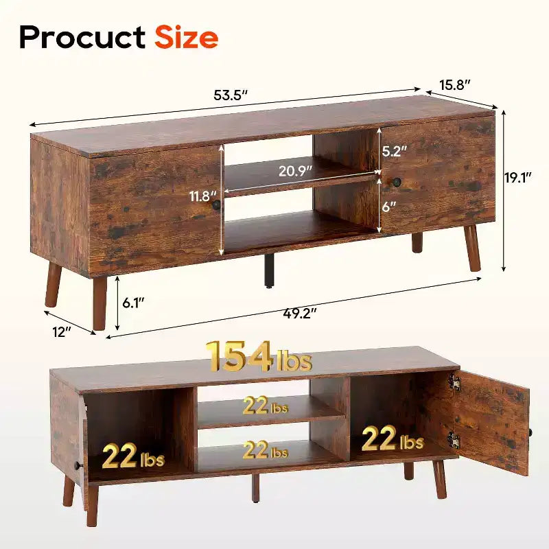 Mueble para TV de 55-60 pulgadas, centro de entretenimiento con 2 gabinetes de almacenamiento y estantes abiertos, consola multimedia moderna