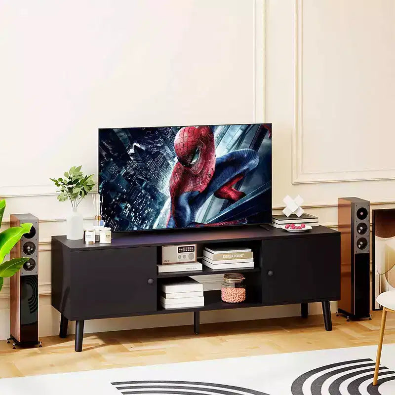Mueble para TV de 55-60 pulgadas, centro de entretenimiento con 2 gabinetes de almacenamiento y estantes abiertos, consola multimedia moderna