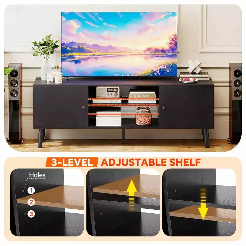 Mueble para TV de 55-60 pulgadas, centro de entretenimiento con 2 gabinetes de almacenamiento y estantes abiertos, consola multimedia moderna