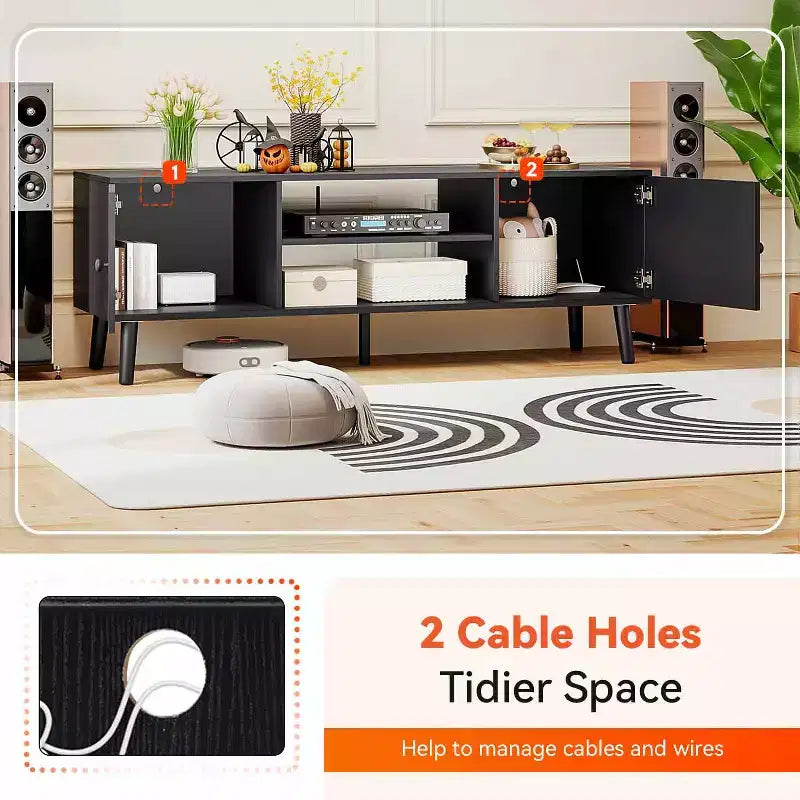 Mueble para TV de 55-60 pulgadas, centro de entretenimiento con 2 gabinetes de almacenamiento y estantes abiertos, consola multimedia moderna