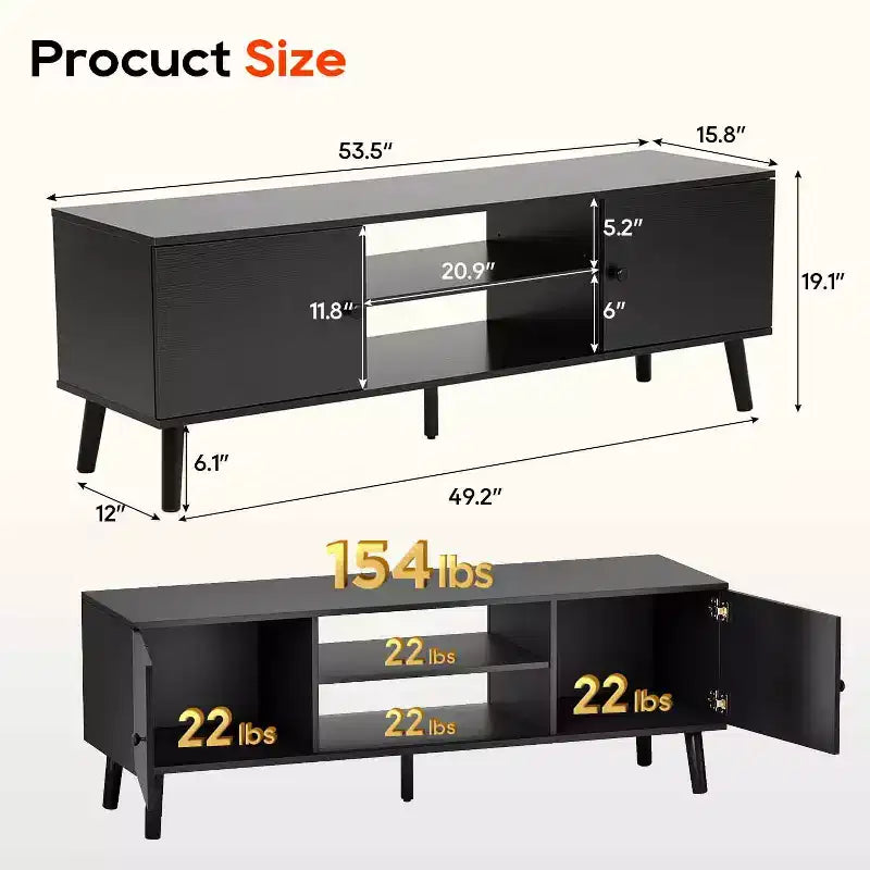 Mueble para TV de 55-60 pulgadas, centro de entretenimiento con 2 gabinetes de almacenamiento y estantes abiertos, consola multimedia moderna