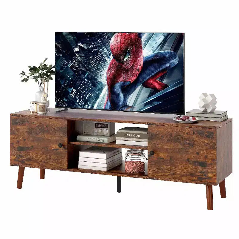 Mueble para TV de 55-60 pulgadas, centro de entretenimiento con 2 gabinetes de almacenamiento y estantes abiertos, consola multimedia moderna