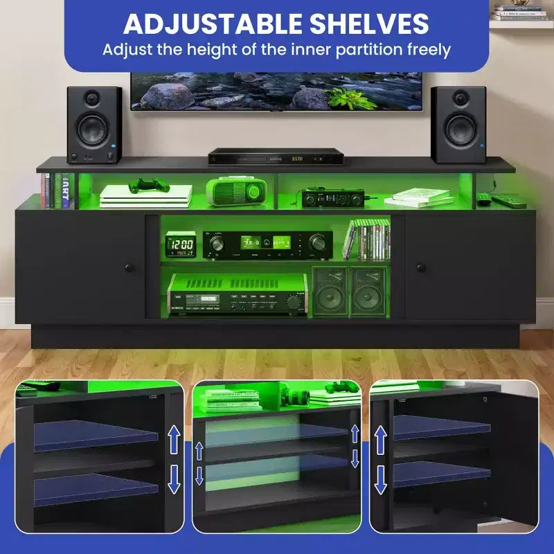 Mueble de TV moderno para 65/75 pulgadas, centro de entretenimiento LED con gabinetes de almacenamiento y partición móvil, consola de TV para sala de estar, negro