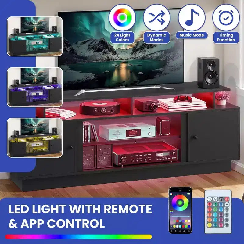 Mueble de TV moderno para 65/75 pulgadas, centro de entretenimiento LED con gabinetes de almacenamiento y partición móvil, consola de TV para sala de estar, negro