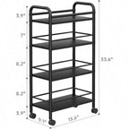 Carrito de almacenamiento delgado de 4 niveles, carrito de baño rodante de metal y madera, carrito utilitario estrecho negro con ruedas para cocina o lavandería