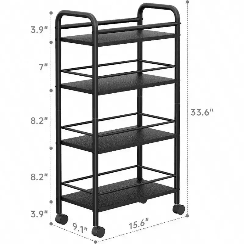 Carrito de almacenamiento delgado de 4 niveles, carrito de baño rodante de metal y madera, carrito utilitario estrecho negro con ruedas para cocina o lavandería