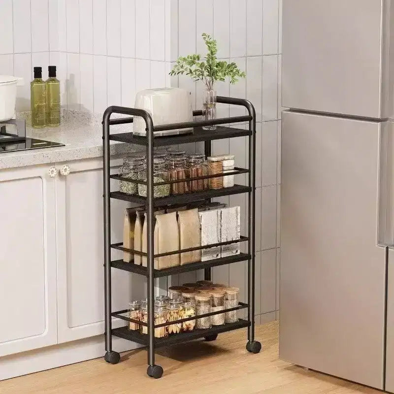 Carrito de almacenamiento delgado de 4 niveles, carrito de baño rodante de metal y madera, carrito utilitario estrecho negro con ruedas para cocina o lavandería