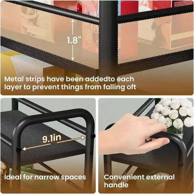 Carrito de almacenamiento delgado de 4 niveles, carrito de baño rodante de metal y madera, carrito utilitario estrecho negro con ruedas para cocina o lavandería