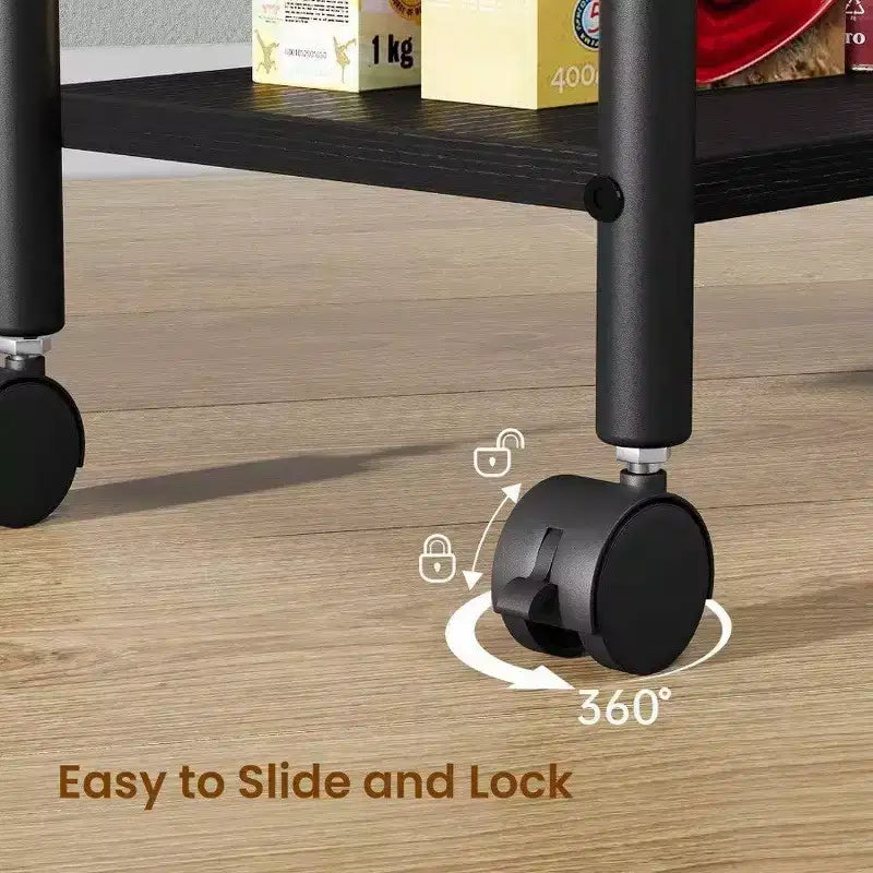 Carrito de almacenamiento delgado de 4 niveles, carrito de baño rodante de metal y madera, carrito utilitario estrecho negro con ruedas para cocina o lavandería