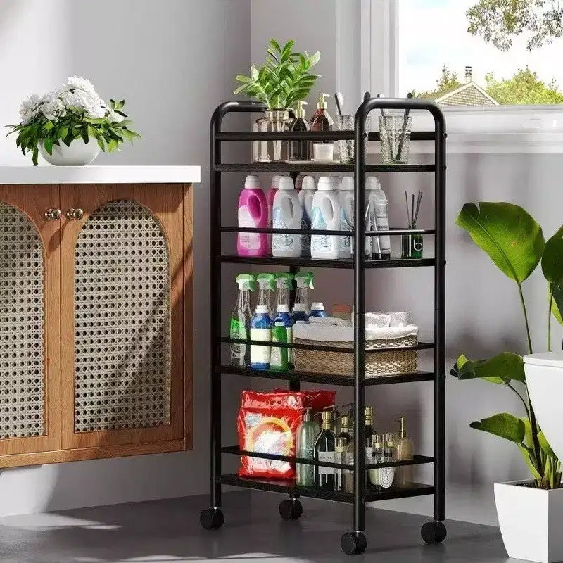 Carrito de almacenamiento delgado de 4 niveles, carrito de baño rodante de metal y madera, carrito utilitario estrecho negro con ruedas para cocina o lavandería