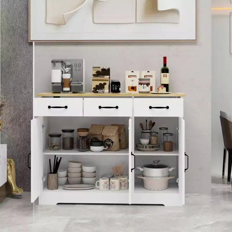 Aparador de granja blanco, 3 cajones y 3 puertas, mueble de almacenamiento para comedor, sala de estar