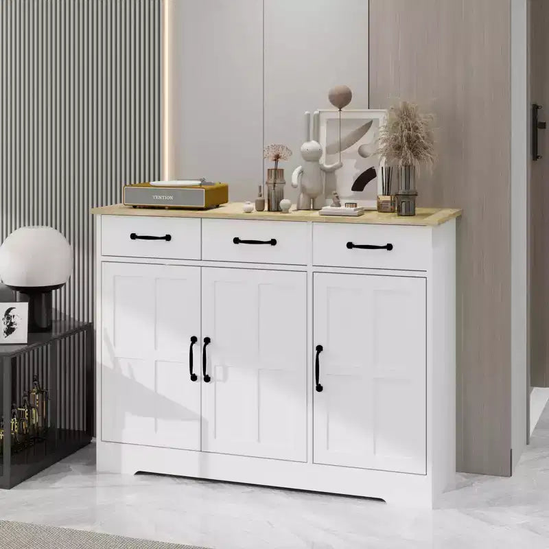 Aparador de granja blanco, 3 cajones y 3 puertas, mueble de almacenamiento para comedor, sala de estar