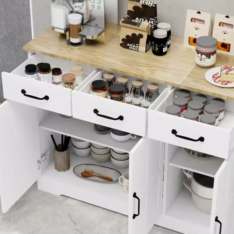 Aparador de granja blanco, 3 cajones y 3 puertas, mueble de almacenamiento para comedor, sala de estar