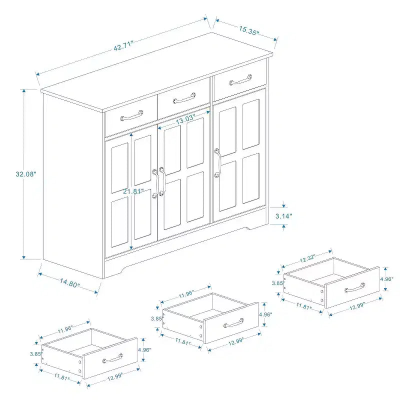 Aparador de granja blanco, 3 cajones y 3 puertas, mueble de almacenamiento para comedor, sala de estar