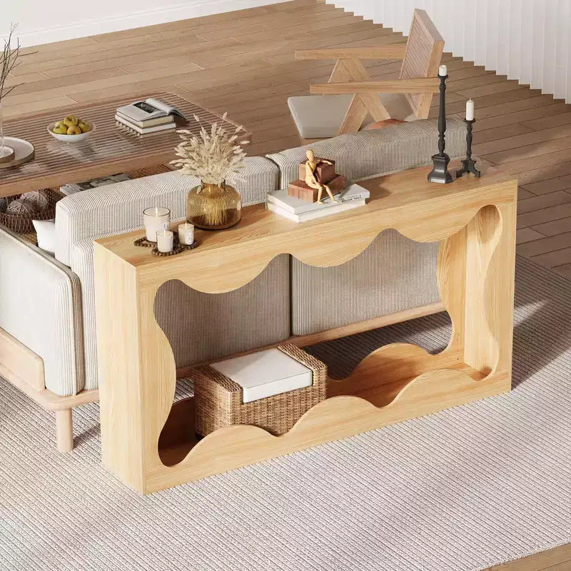 Mesa consola ondulada de granja 63 para entrada, mesa de sofá estrecha de madera detrás del sofá con almacenamiento, muebles rústicos para salas de estar y apartamentos
