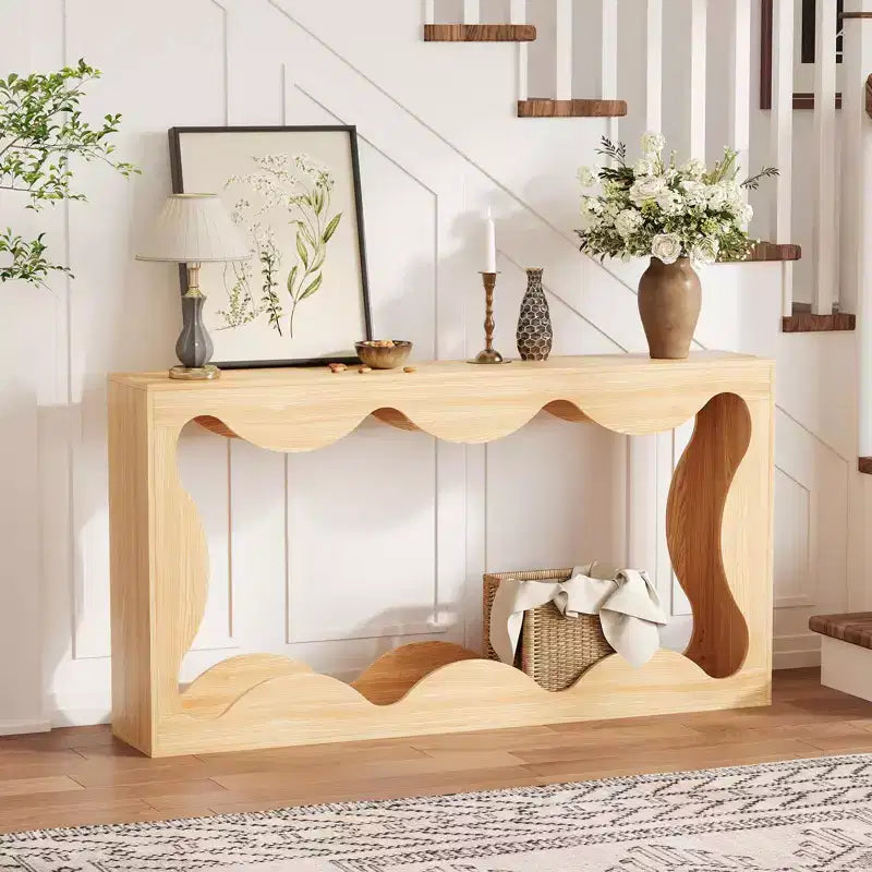 Mesa consola ondulada de granja 63 para entrada, mesa de sofá estrecha de madera detrás del sofá con almacenamiento, muebles rústicos para salas de estar y apartamentos