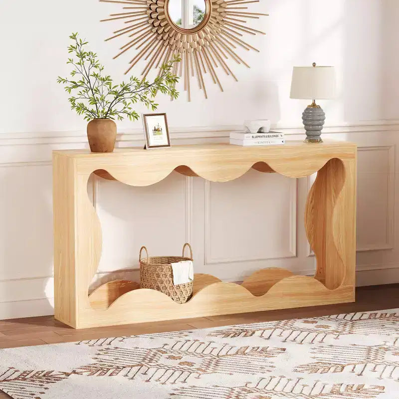 Mesa consola ondulada de granja 63 para entrada, mesa de sofá estrecha de madera detrás del sofá con almacenamiento, muebles rústicos para salas de estar y apartamentos