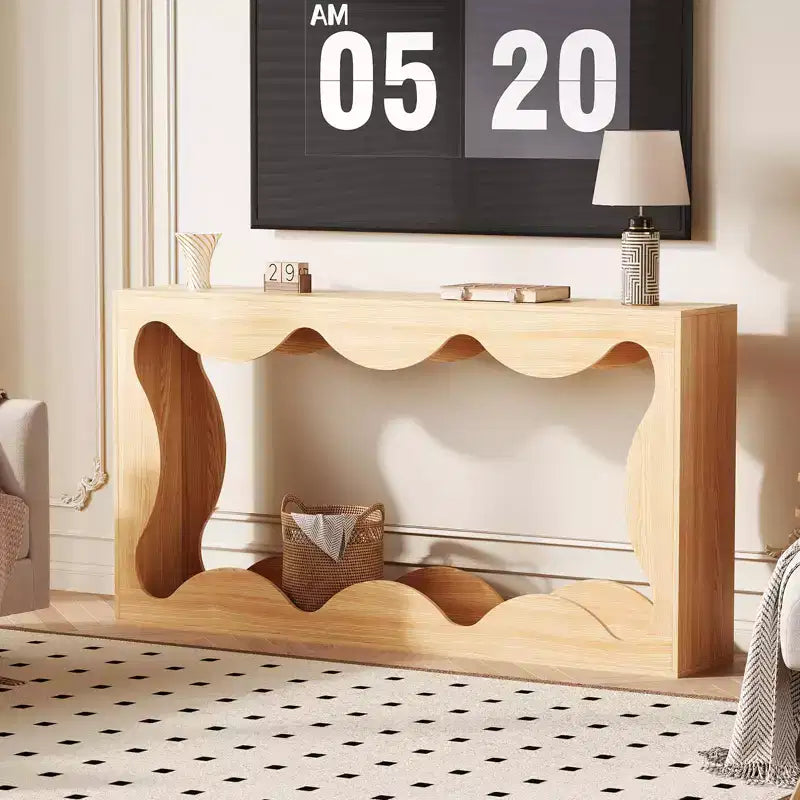 Mesa consola ondulada de granja 63 para entrada, mesa de sofá estrecha de madera detrás del sofá con almacenamiento, muebles rústicos para salas de estar y apartamentos