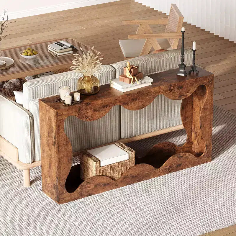 Mesa consola ondulada de granja 63 para entrada, mesa de sofá estrecha de madera detrás del sofá con almacenamiento, muebles rústicos para salas de estar y apartamentos