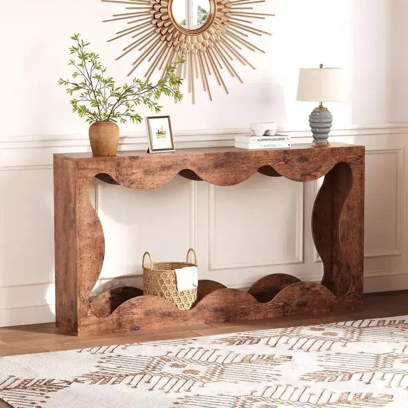 Mesa consola ondulada de granja 63 para entrada, mesa de sofá estrecha de madera detrás del sofá con almacenamiento, muebles rústicos para salas de estar y apartamentos