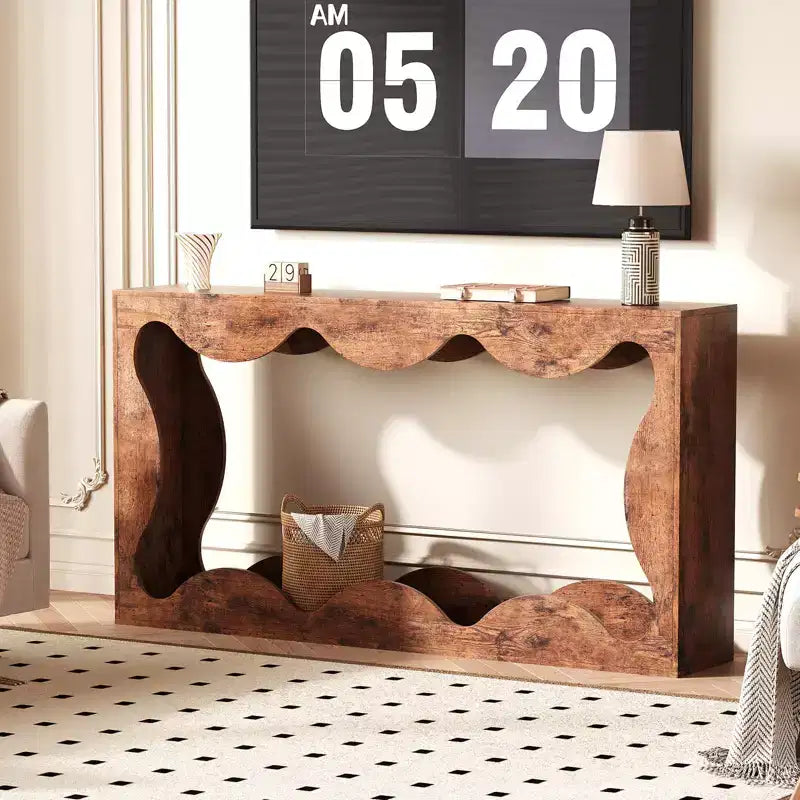 Mesa consola ondulada de granja 63 para entrada, mesa de sofá estrecha de madera detrás del sofá con almacenamiento, muebles rústicos para salas de estar y apartamentos