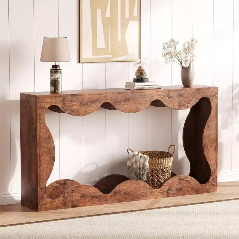 63 Farmhouse Scalloped Console Table for Entryway, Narrow Wood Sofa Table Behind Couch with Storage, Rustic Furniture for Living Rooms Apartments