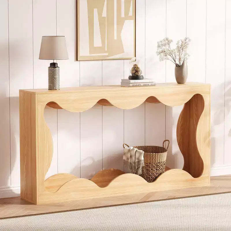 Mesa consola ondulada de granja 63 para entrada, mesa de sofá estrecha de madera detrás del sofá con almacenamiento, muebles rústicos para salas de estar y apartamentos