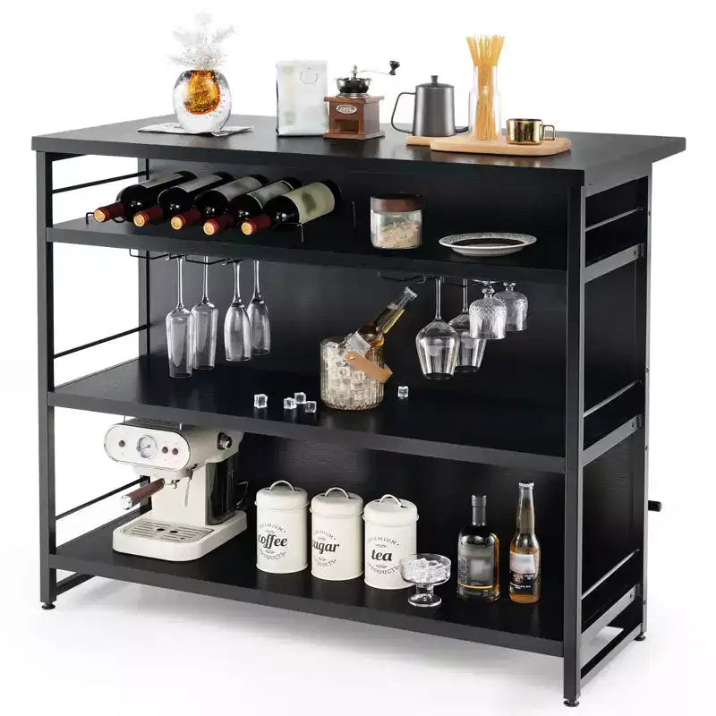 Mesa de bar tipo isla de cocina industrial – 4 niveles de almacenamiento, estante para bebidas, soportes para copas, reposapiés, negra