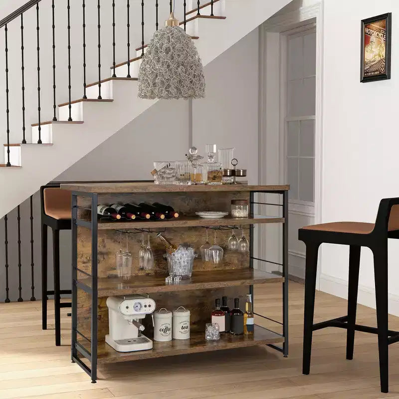 Mesa de bar tipo isla de cocina industrial – 4 niveles de almacenamiento, estante para bebidas, soportes para copas, reposapiés, negra
