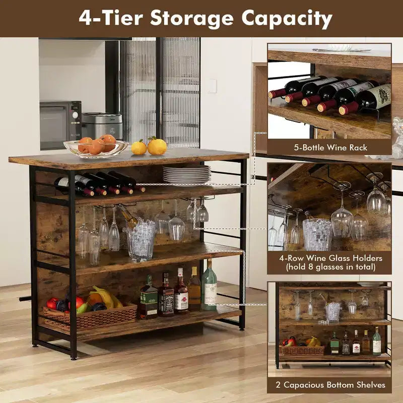 Mesa de bar tipo isla de cocina industrial – 4 niveles de almacenamiento, estante para bebidas, soportes para copas, reposapiés, negra