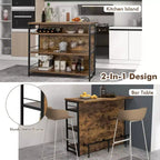 Mesa de bar tipo isla de cocina industrial – 4 niveles de almacenamiento, estante para bebidas, soportes para copas, reposapiés, negra