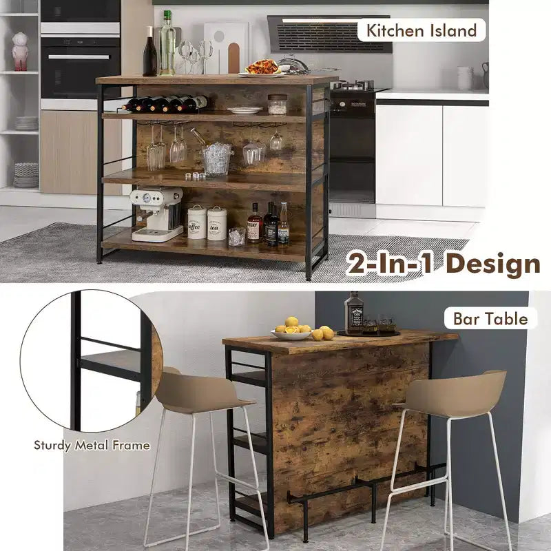 Mesa de bar tipo isla de cocina industrial – 4 niveles de almacenamiento, estante para bebidas, soportes para copas, reposapiés, negra