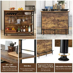 Mesa de bar tipo isla de cocina industrial – 4 niveles de almacenamiento, estante para bebidas, soportes para copas, reposapiés, negra