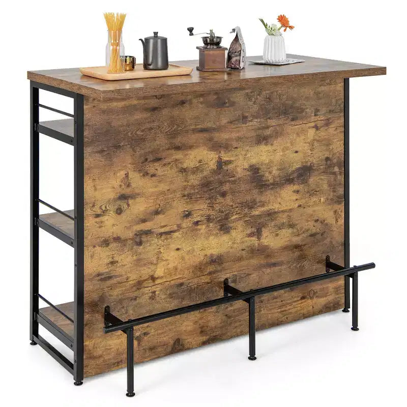 Mesa de bar tipo isla de cocina industrial – 4 niveles de almacenamiento, estante para bebidas, soportes para copas, reposapiés, negra