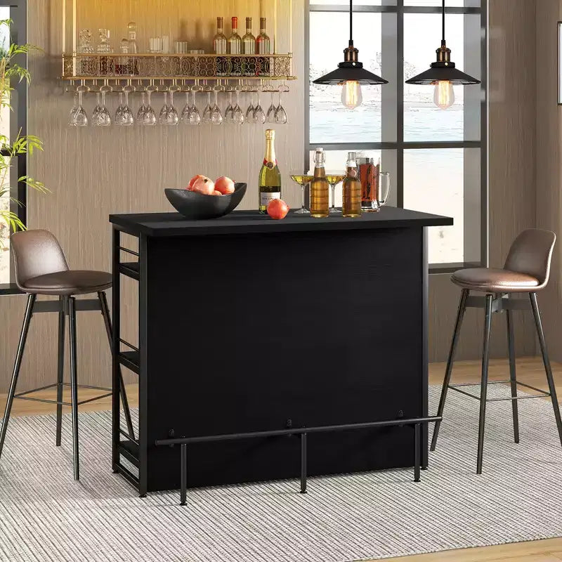 Mesa de bar tipo isla de cocina industrial – 4 niveles de almacenamiento, estante para bebidas, soportes para copas, reposapiés, negra