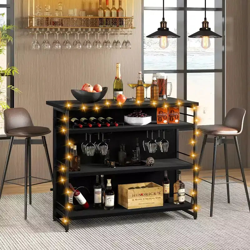 Mesa de bar tipo isla de cocina industrial – 4 niveles de almacenamiento, estante para bebidas, soportes para copas, reposapiés, negra