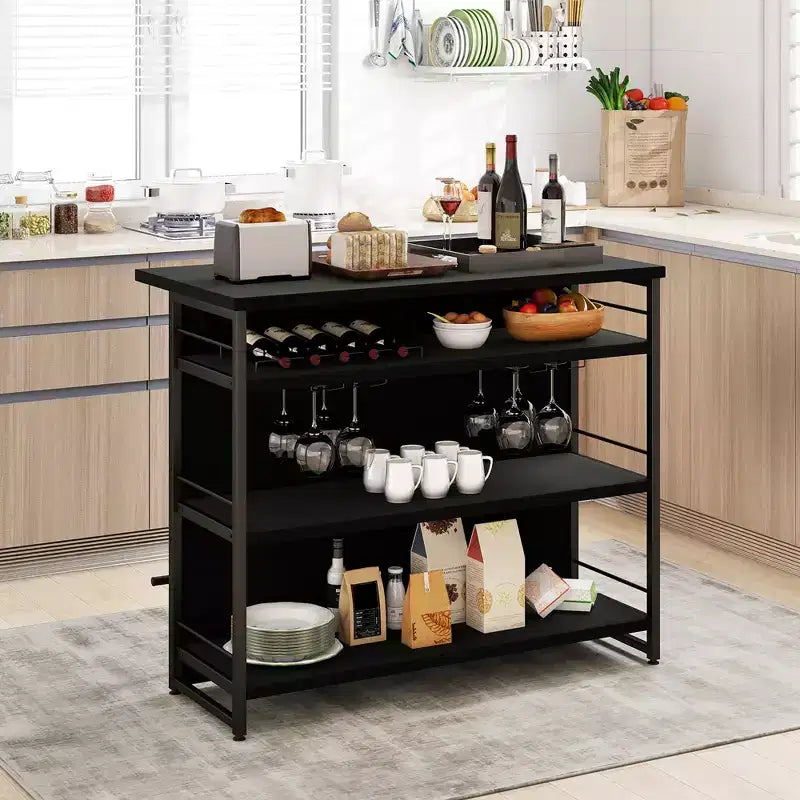 Mesa de bar tipo isla de cocina industrial – 4 niveles de almacenamiento, estante para bebidas, soportes para copas, reposapiés, negra