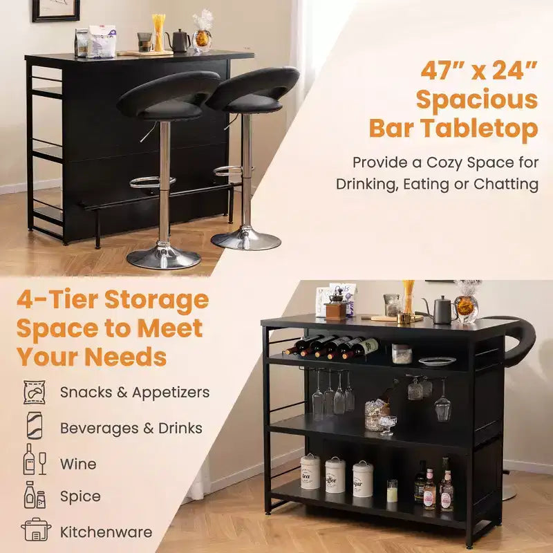 Mesa de bar tipo isla de cocina industrial – 4 niveles de almacenamiento, estante para bebidas, soportes para copas, reposapiés, negra