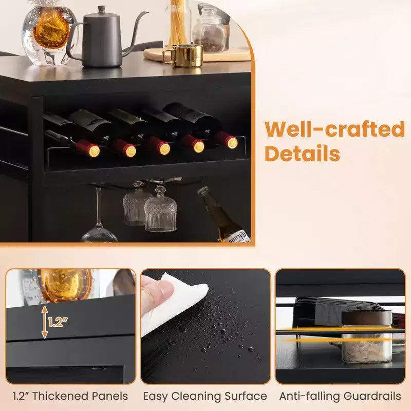 Mesa de bar tipo isla de cocina industrial – 4 niveles de almacenamiento, estante para bebidas, soportes para copas, reposapiés, negra