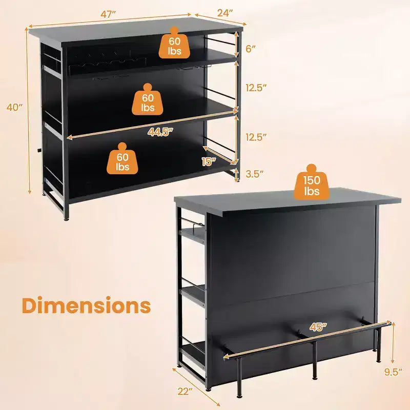 Mesa de bar tipo isla de cocina industrial – 4 niveles de almacenamiento, estante para bebidas, soportes para copas, reposapiés, negra